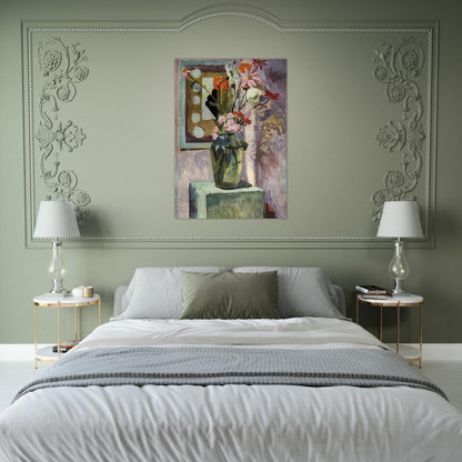 FLOWERS IN A GLASS VASE WITH ABSTRACT NEEDLEWORK DESIGN - Vanessa Bell Brushed Aluminum Print - 70x100 cm / 28x40 inches | Vanessa Bell Aluminum Print | Vanessa Bell Prints