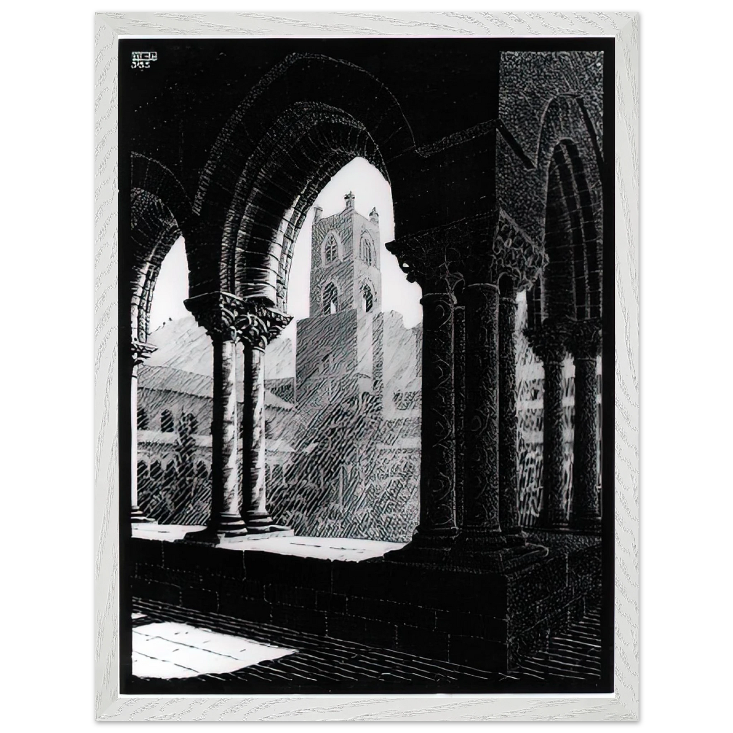 MC Escher - CLOISTER OF MONREALE SICILY Wall Art - 60x80 cm / 24x32 inches - Premium Wooden Framed Poster With Fine Art Paper-canvas - White frame