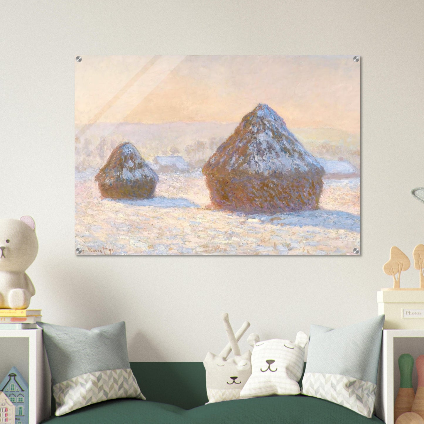 Wheatstacks, Snow Effect, Morning - claude monet Acrylic Print - 70x100 cm / 28x40″ inches