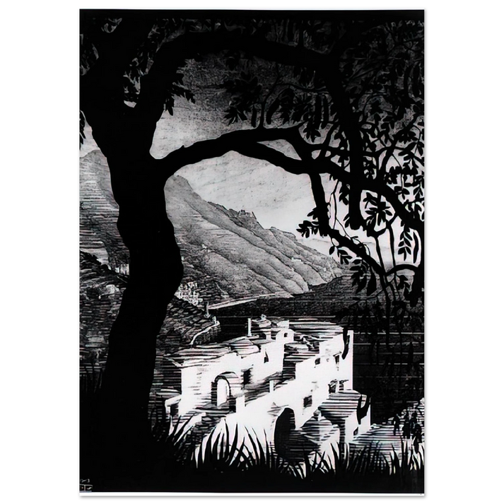 MC Escher - COAST OF AMALFI Wall Art - 60x80 cm / 24x32 inches - Premium Wooden Framed Poster With Fine Art Paper - Black frame