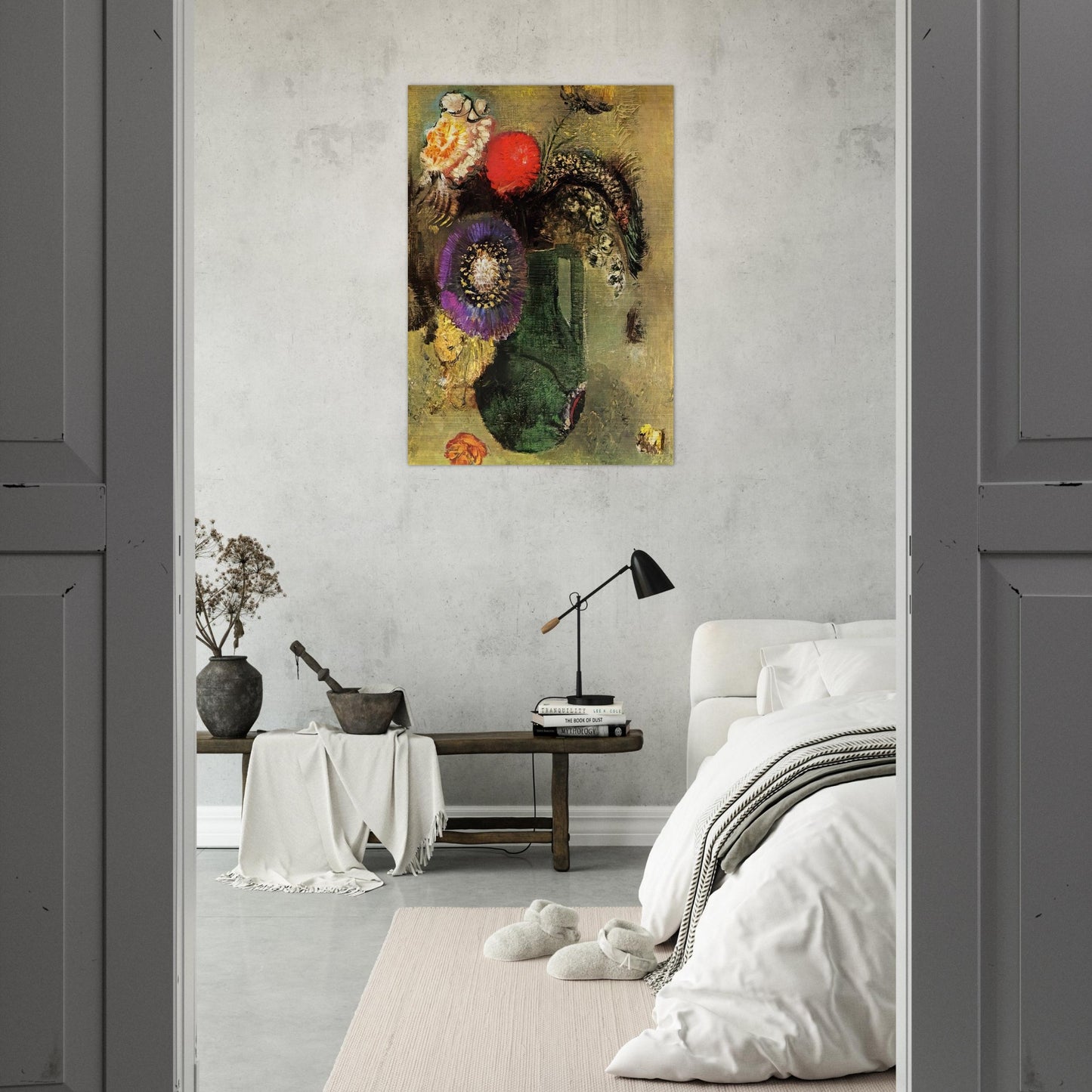 FLOWERS IN GREEN VASE WITH HANDLES - Odilon Redon Brushed Aluminum Print - 70x100 cm / 28x40 inches | Odilon Redon Aluminum Print | Odilon Redon Prints