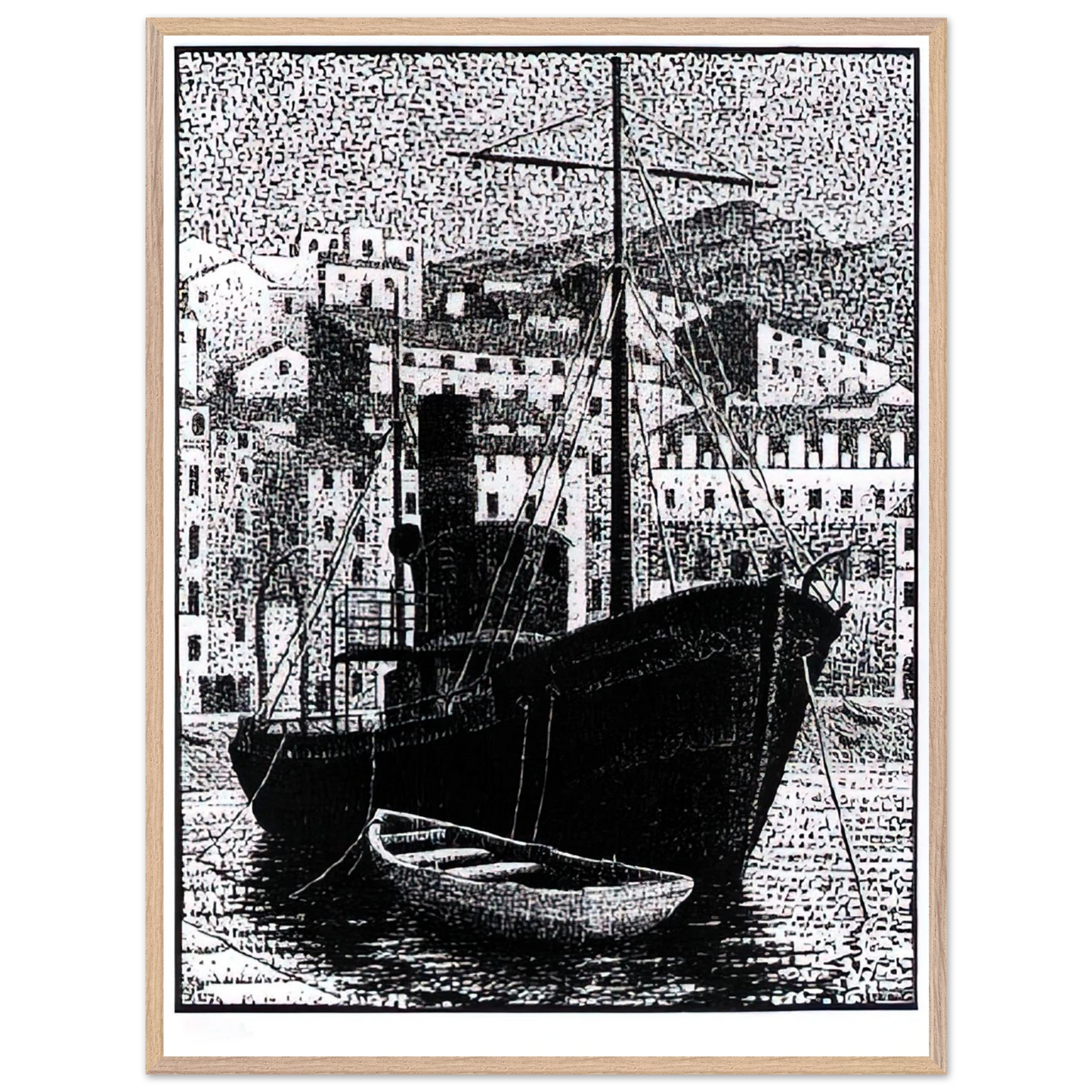 MC Escher - TUGBOAT OLD HARBOR OF BASTIA JANUARY 1934 1934 Wall Art - 21x29.7 cm / 8x12" - Premium Wooden Framed Poster With Fine Art Paper-canvas - Black frame