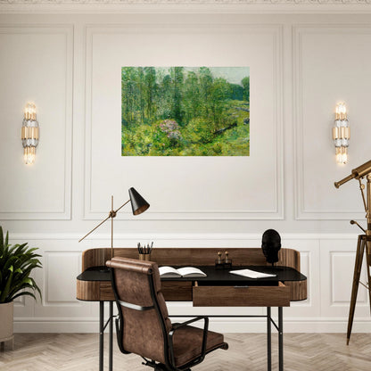 Spring Landscape with a Farmer and White Horse - Childe Hassam Brushed Aluminum Print - 70x100 cm / 28x40 inches | Childe Hassam Aluminum Print | Childe Hassam Prints