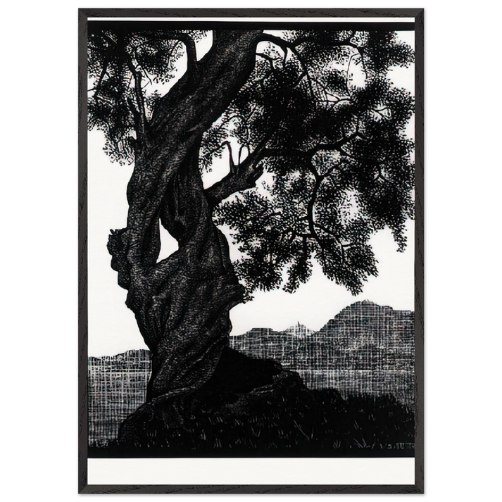 OLD OLIVE TREE CORSICA - MC Escher 70x100 cm / 28x40 inches Framed Art Print – Black Wooden Frame | Maurits Cornelis Escher Prints