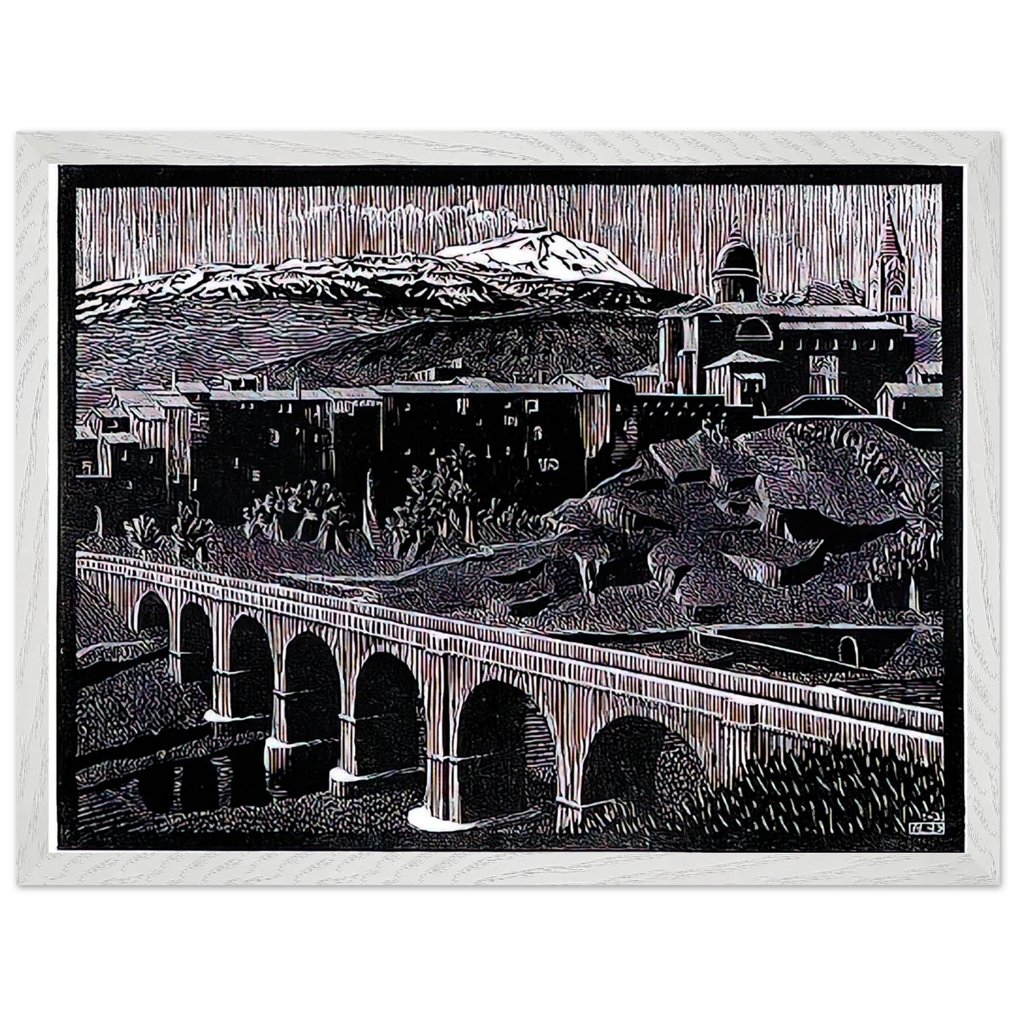 MC Escher - RANDAZZO AND MOUNT ETNA SICILY JANUARY 1933 1933 Wall Art - 21x29.7 cm / 8x12" - Premium Wooden Framed Poster With Fine Art Paper-canvas - White frame