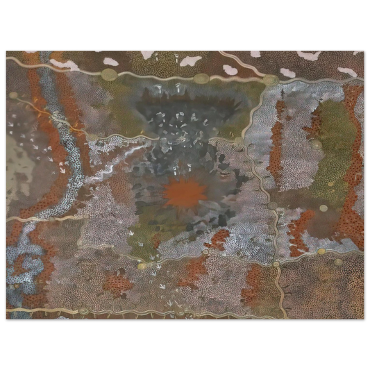 Clifford Possum Tjapaltjarri - Warlugulong with Tim Leura Tjapaltjarri - 1976  75x100 cm / 30x40inches Fine Art Poster