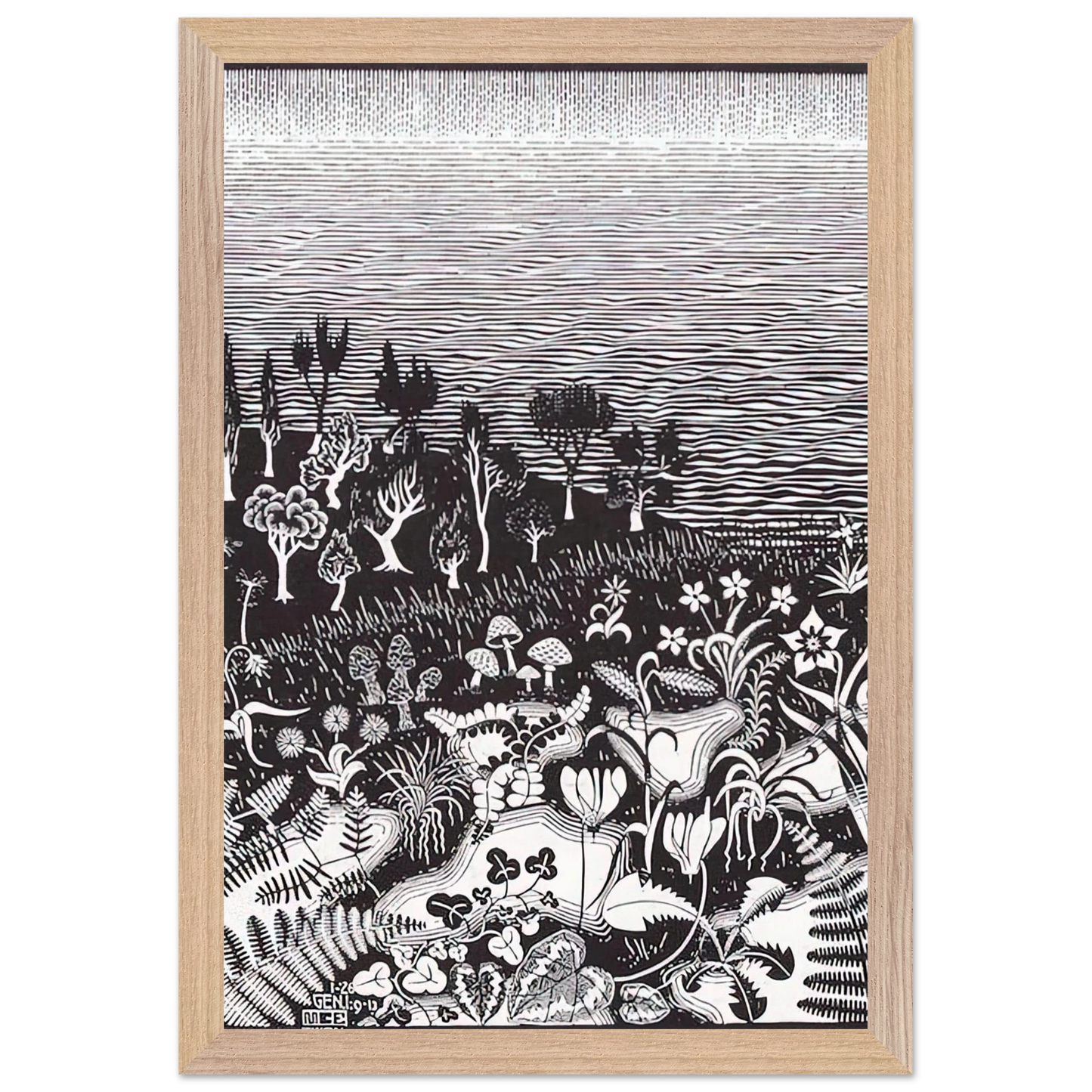 MC Escher - THE 3RD DAY OF THE CREATION Wall Art - 60x80 cm / 24x32 inches - Premium Wooden Framed Poster With Fine Art Paper-canvas - White frame