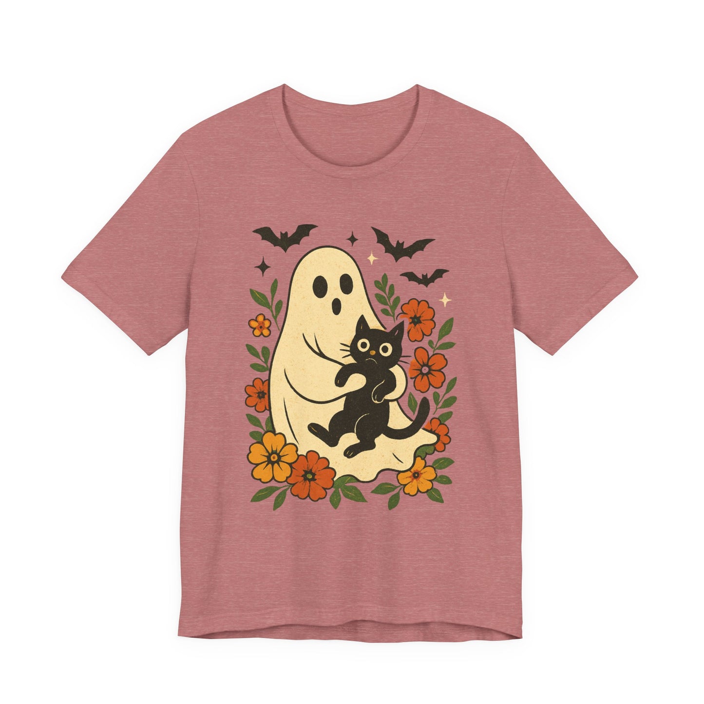 Fantasma espeluznante sosteniendo un gato negro con un elegante diseño floral para Halloween