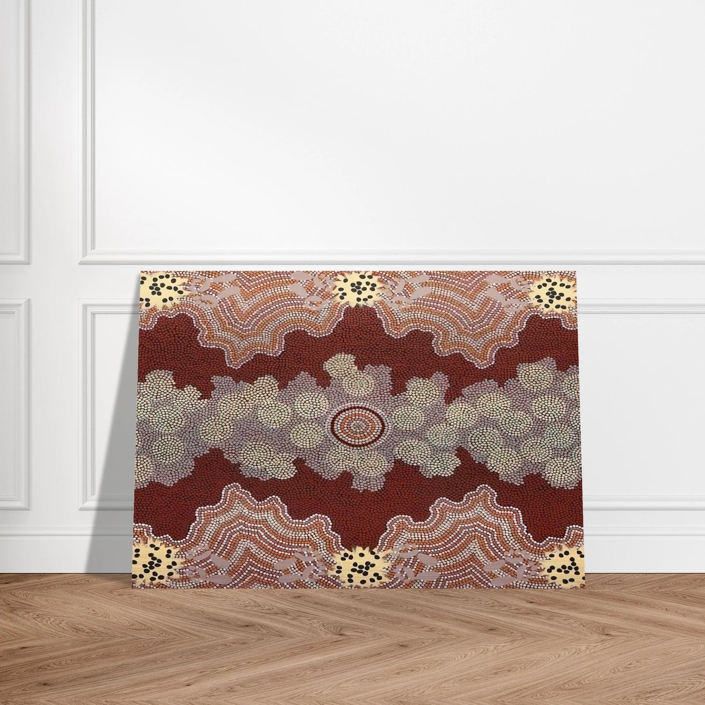 Malaka Honey Ant Dreaming - 1992 - Clifford Possum Tjapaltjarri Brushed Aluminum Print - 70x100 cm / 28x40 inches | Clifford Possum Tjapaltjarri Aluminum Print | Clifford Possum Tjapaltjarri Prints