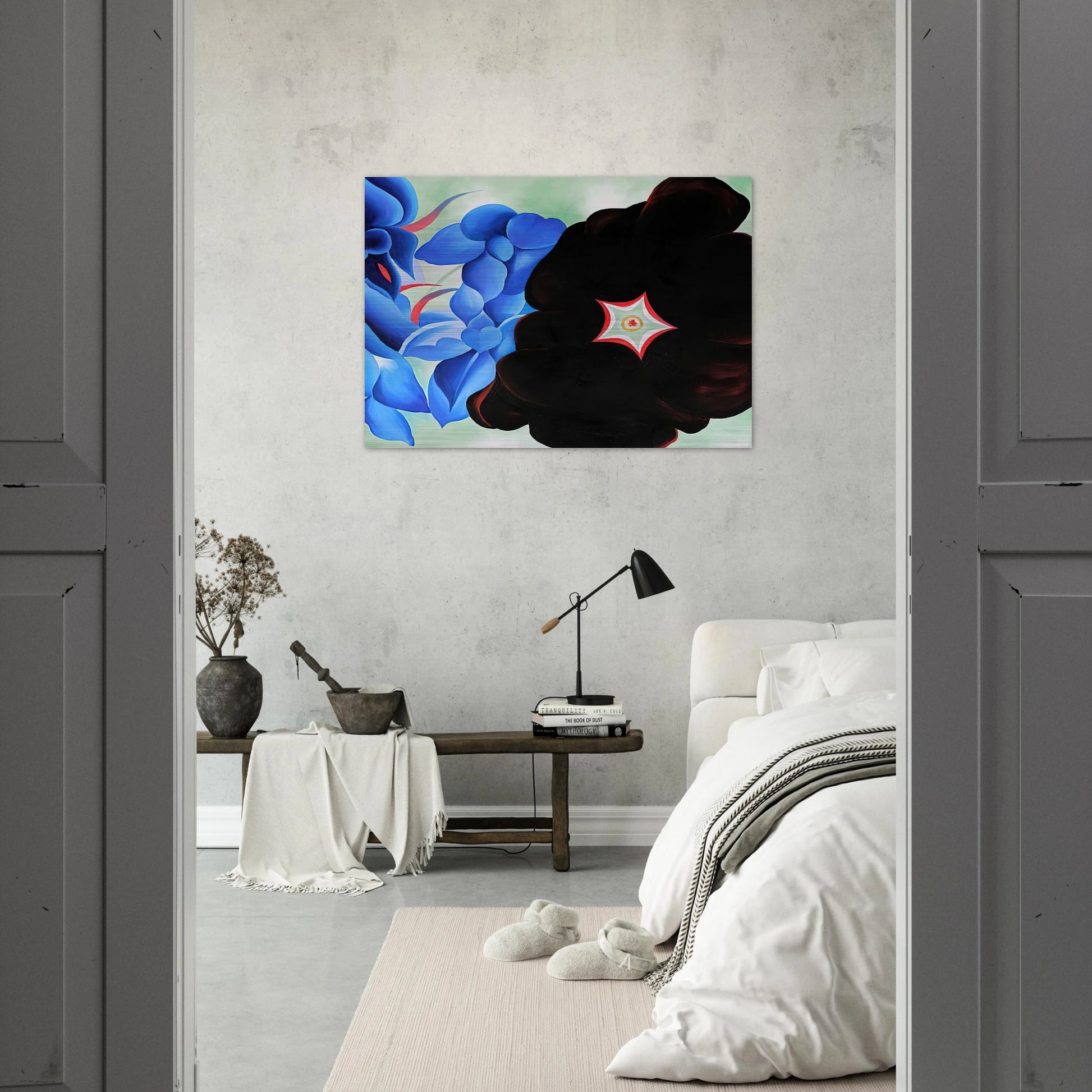 Black Hollyhock - Blue Larkspur - Georgia O'Keeffe Brushed Aluminum Print - 70x100 cm / 28x40 inches | Georgia O'Keeffe Aluminum Print | Georgia O'Keeffe Prints