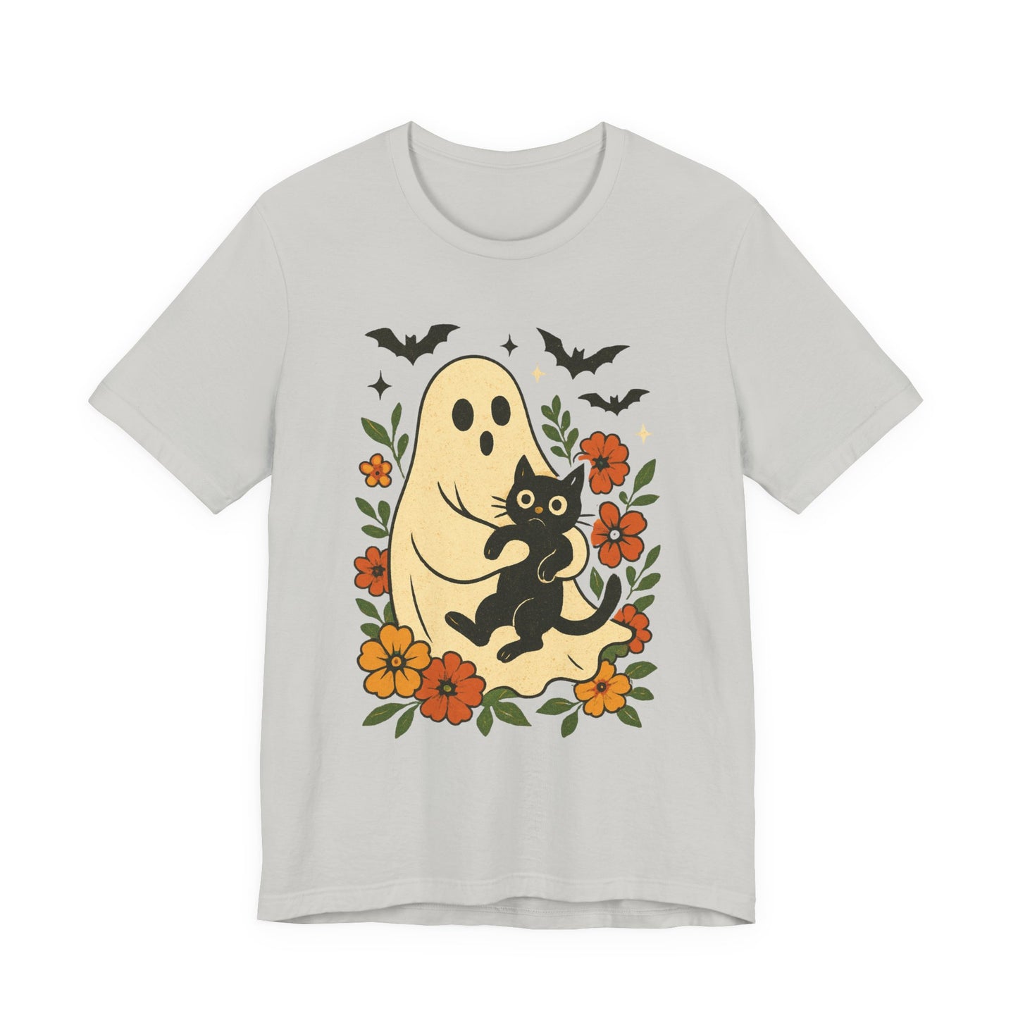 Fantasma espeluznante sosteniendo un gato negro con un elegante diseño floral para Halloween
