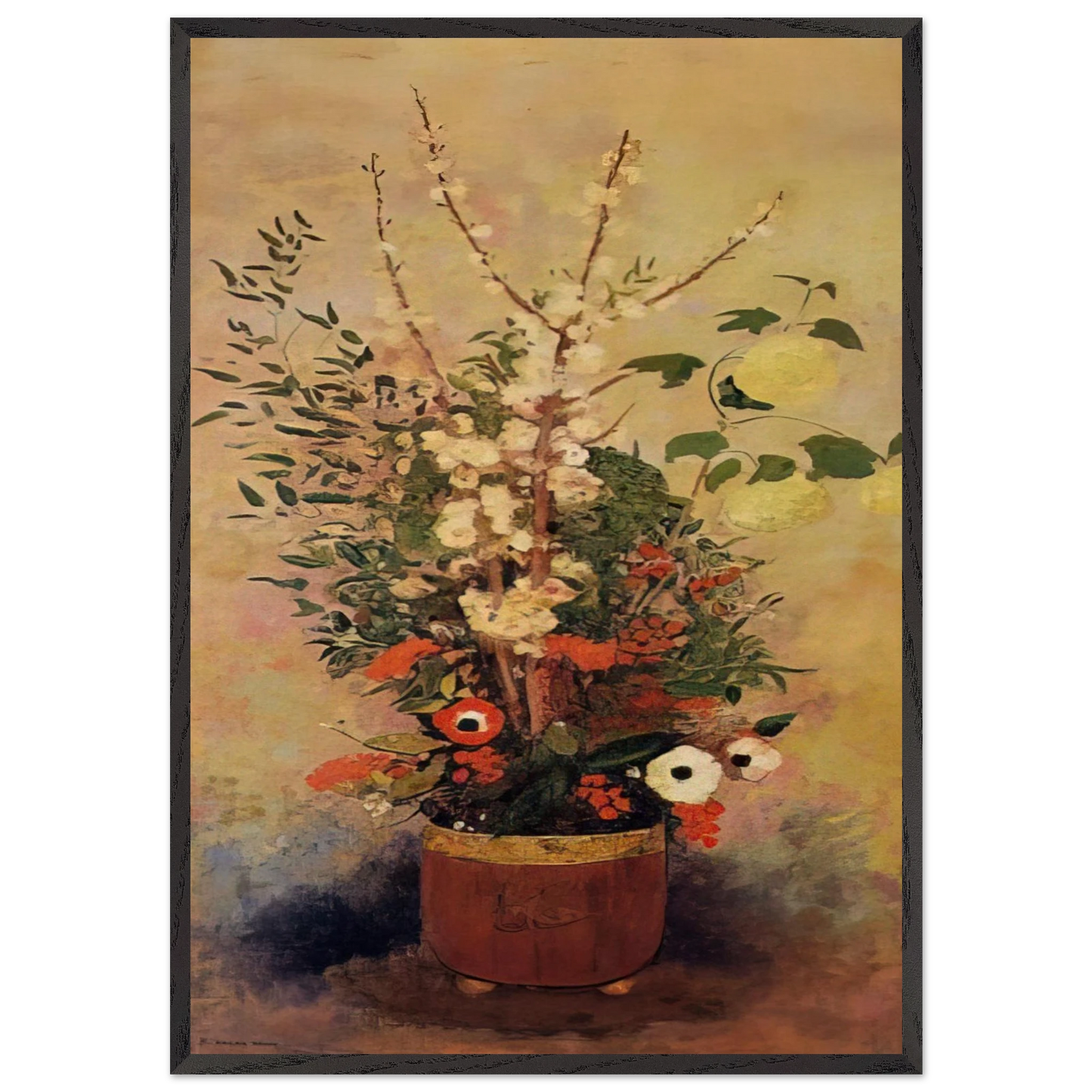 VASE OF FLOWERS WITH BRANCHES OF A FLOWERING APPLE TREE - Odilon Redon 70x100 cm / 28x40 inches Framed Art Print – Black Wooden Frame