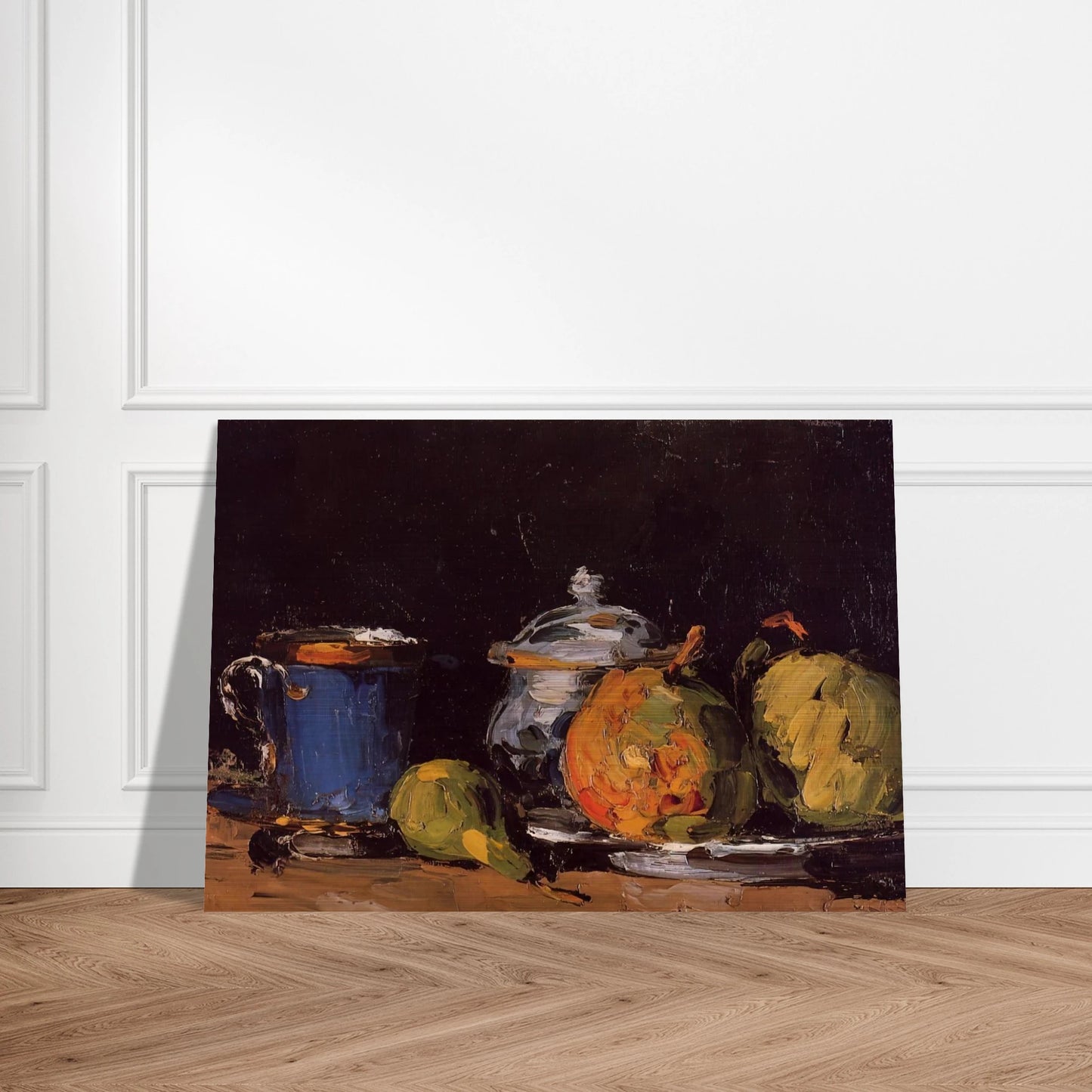 Sugar Bowl, Pears and Blue Cup - Paul Cézanne Brushed Aluminum Print - 70x100 cm / 28x40 inches | Paul Cézanne Aluminum Print | Paul Cézanne Prints