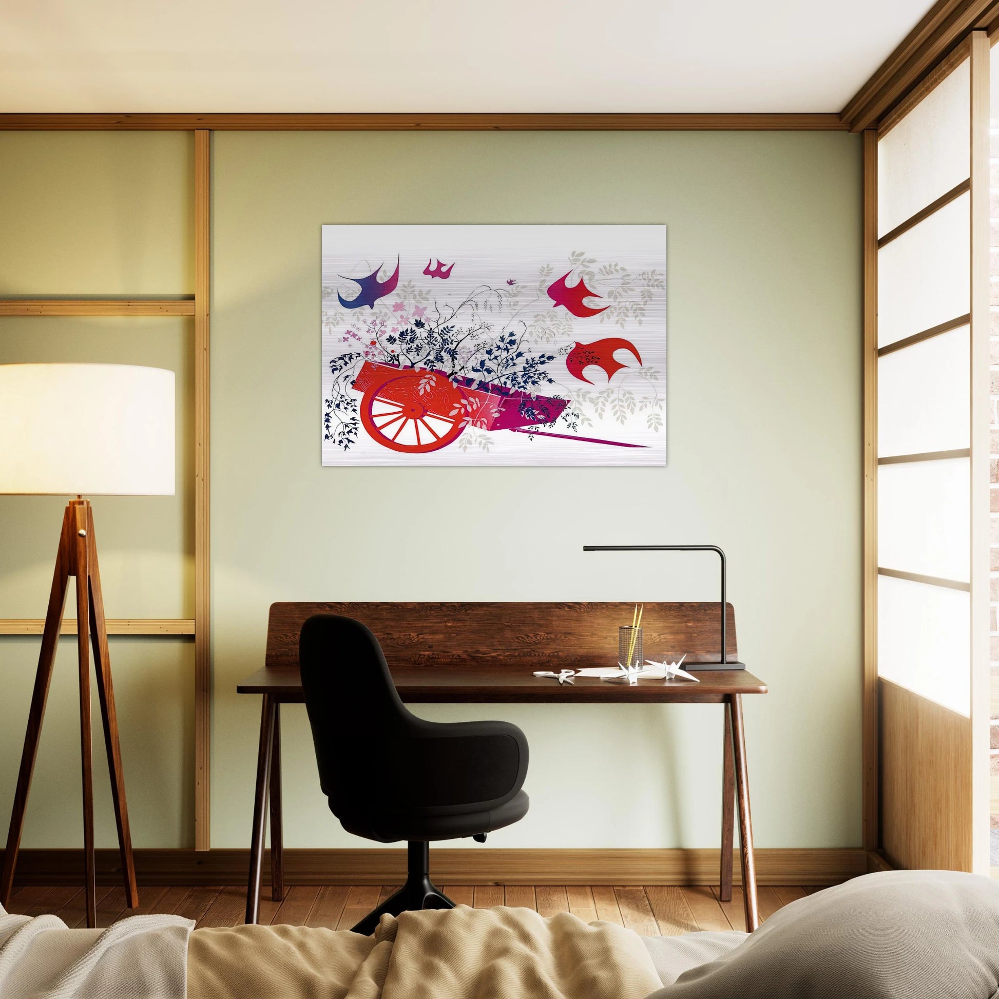 Red Wagon & Foliage - Eyvind Earle Brushed Aluminum Print - 70x100 cm / 28x40 inches | Eyvind Earle Aluminum Print | Eyvind Earle Prints