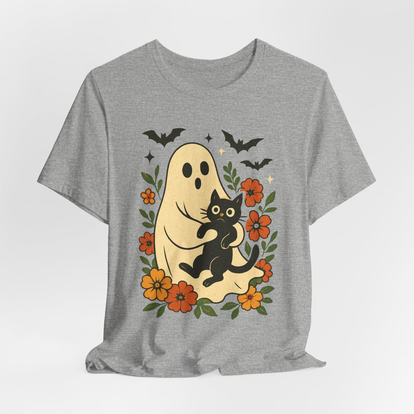 Fantasma espeluznante sosteniendo un gato negro con un elegante diseño floral para Halloween