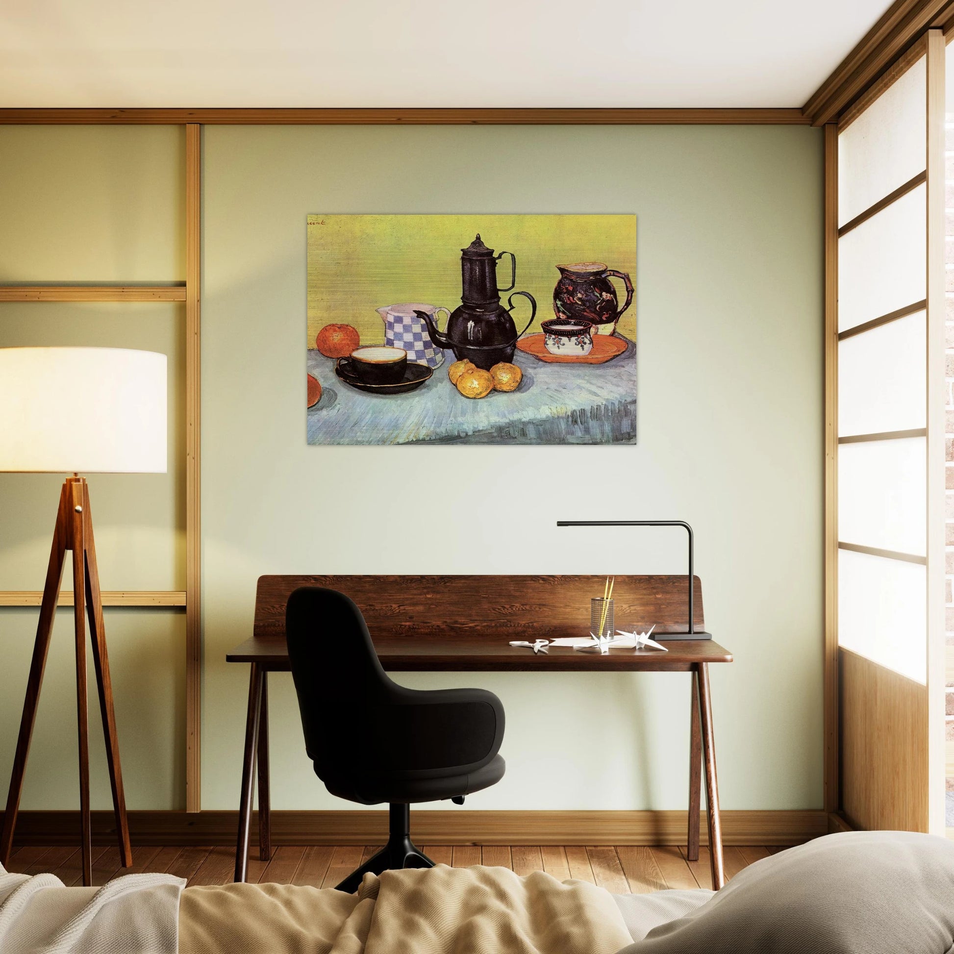 Still Life with Blue Enamel Coffeepot, Earthenware and Fruit - Vincent van Gogh Brushed Aluminum Print - 70x100 cm / 28x40 inches | Vincent van Gogh Aluminum Print | Vincent van Gogh Prints