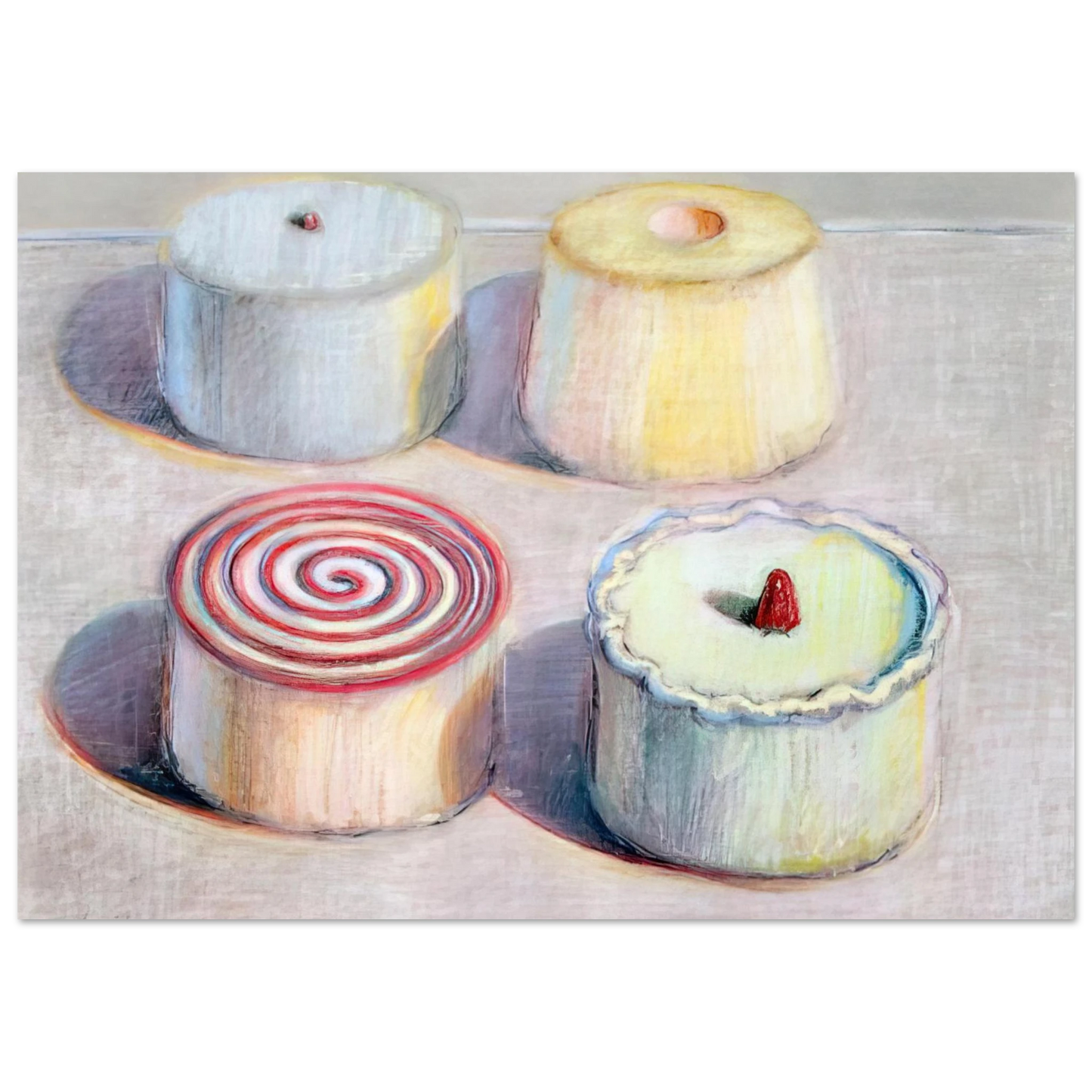 Wayne Thiebaud - Four Cakes - 1996 Wall Art - 30x40 cm / 12x16 inches - Premium Wooden Framed Poster With Fine Art Paper - Black frame
