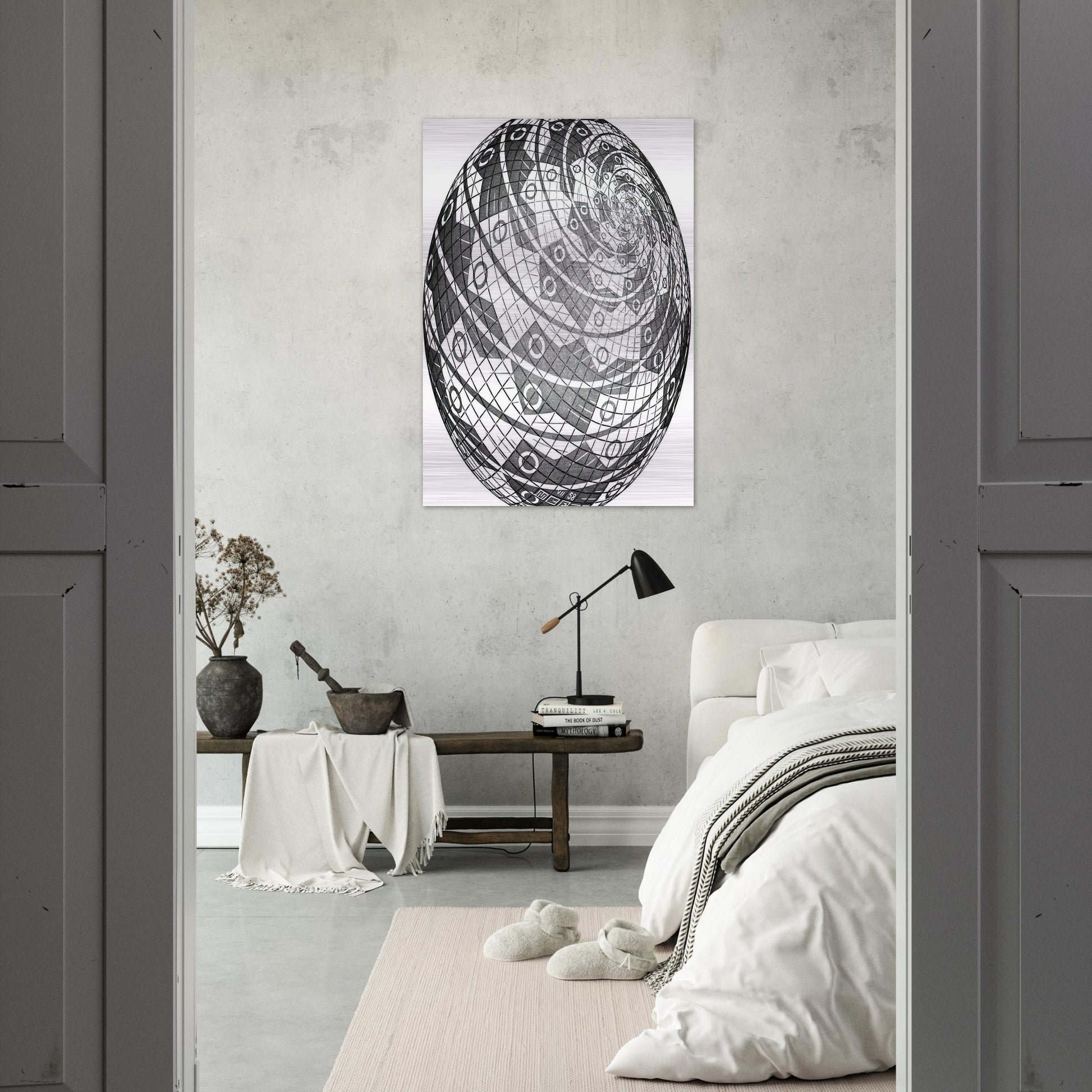 SPHERE SURFACE WITH FISHES - MC Escher Brushed Aluminum Print - 70x100 cm / 28x40 inches | MC Escher Aluminum Print | MC Escher Prints