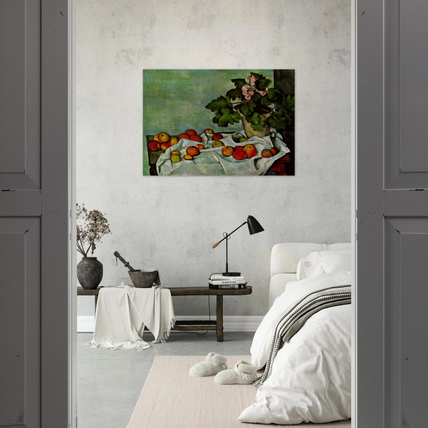 Still Life with Apples and a Pot of Primroses - Paul Cézanne Brushed Aluminum Print - 70x100 cm / 28x40 inches | Paul Cézanne Aluminum Print | Paul Cézanne Prints