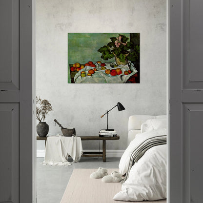 Still Life with Apples and a Pot of Primroses - Paul Cézanne Brushed Aluminum Print - 70x100 cm / 28x40 inches | Paul Cézanne Aluminum Print | Paul Cézanne Prints