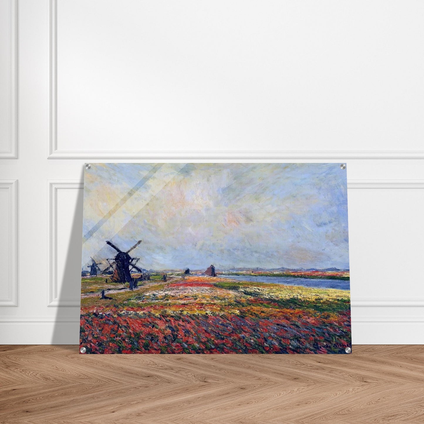 Fields of Flowers and Windmills near Leiden - claude monet Acrylic Print - 70x100 cm / 28x40″ inches