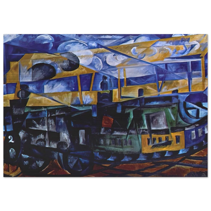 Airplane over train - 1913 - Natalia Goncharova Brushed Aluminum Print - 70x100 cm / 28x40 inches | Natalia Goncharova Aluminum Print | Natalia Goncharova Prints