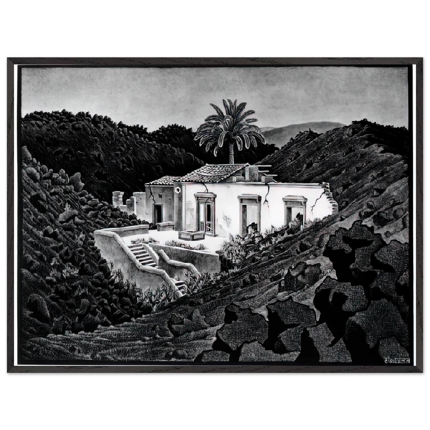 MC Escher - HOUSE IN THE LAVA NEAR NUNZIATA Wall Art - 60x80 cm / 24x32 inches - Premium Wooden Framed Poster With Fine Art Paper-canvas - Black frame