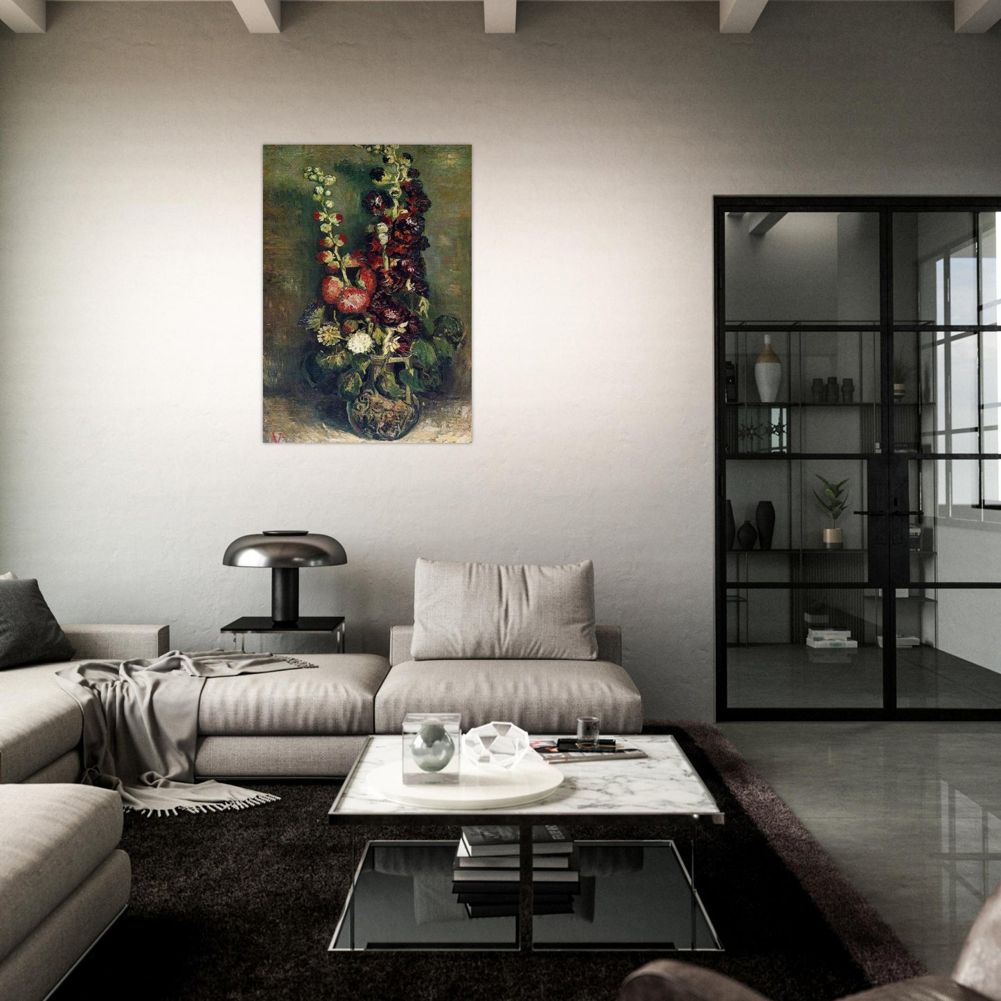 Vase of Hollyhocks - Vincent van Gogh Brushed Aluminum Print - 70x100 cm / 28x40 inches | Vincent van Gogh Aluminum Print | Vincent van Gogh Prints