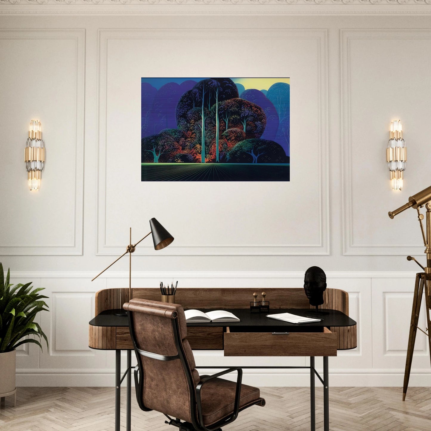 Softening Shades of Twilight - Eyvind Earle Brushed Aluminum Print - 70x100 cm / 28x40 inches | Eyvind Earle Aluminum Print | Eyvind Earle Prints
