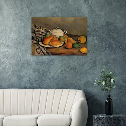 Sugarbowl, Pears and Tablecloth - Paul Cézanne Brushed Aluminum Print - 70x100 cm / 28x40 inches | Paul Cézanne Aluminum Print | Paul Cézanne Prints