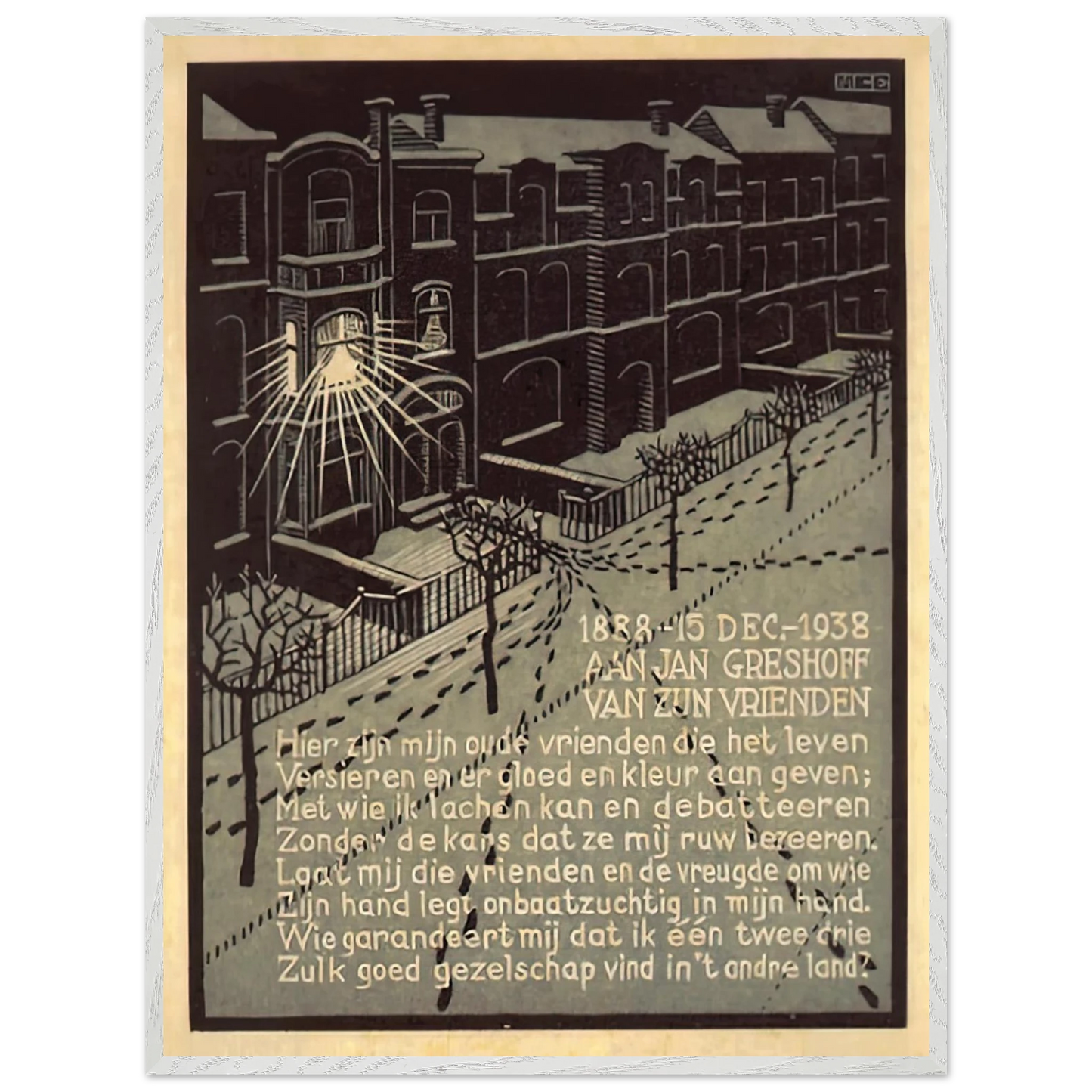 MC Escher - BIRTHDAY CARD FOR G GERSHOFF NOVEMBER 1938 1938 Wall Art - 30x40 cm / 12x16 inches - Premium Wooden Framed Poster With Fine Art Paper - White frame