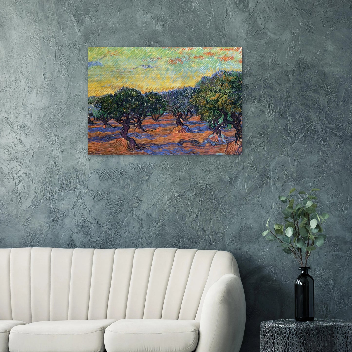Olive Grove - Orange Sky - Vincent van Gogh Brushed Aluminum Print - 70x100 cm / 28x40 inches | Vincent van Gogh Aluminum Print | Vincent van Gogh Prints