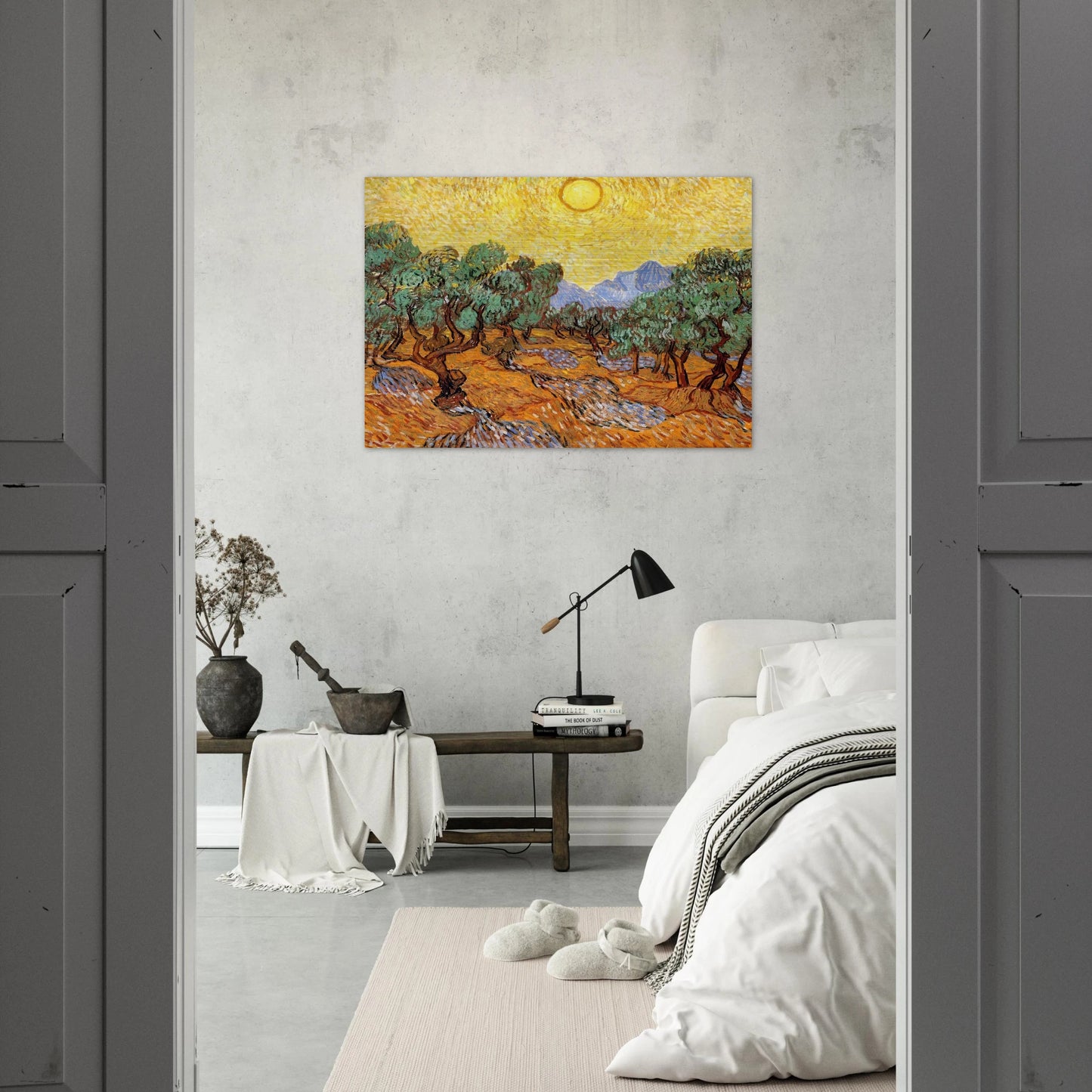 Olive Trees with Yellow Sky and Sun - Vincent van Gogh Brushed Aluminum Print - 70x100 cm / 28x40 inches | Vincent van Gogh Aluminum Print | Vincent van Gogh Prints