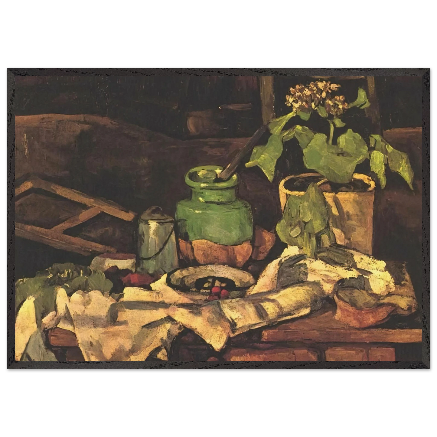 Flower pot at a table - Paul Cezanne 70x100 cm / 28x40 inches Framed Art Print – Black Wooden Frame