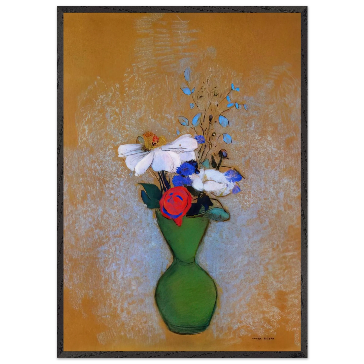 ROSE PEONY AND CORNFLOWERS IN A GREEN VASE - Odilon Redon 70x100 cm / 28x40 inches Framed Art Print – Black Wooden Frame