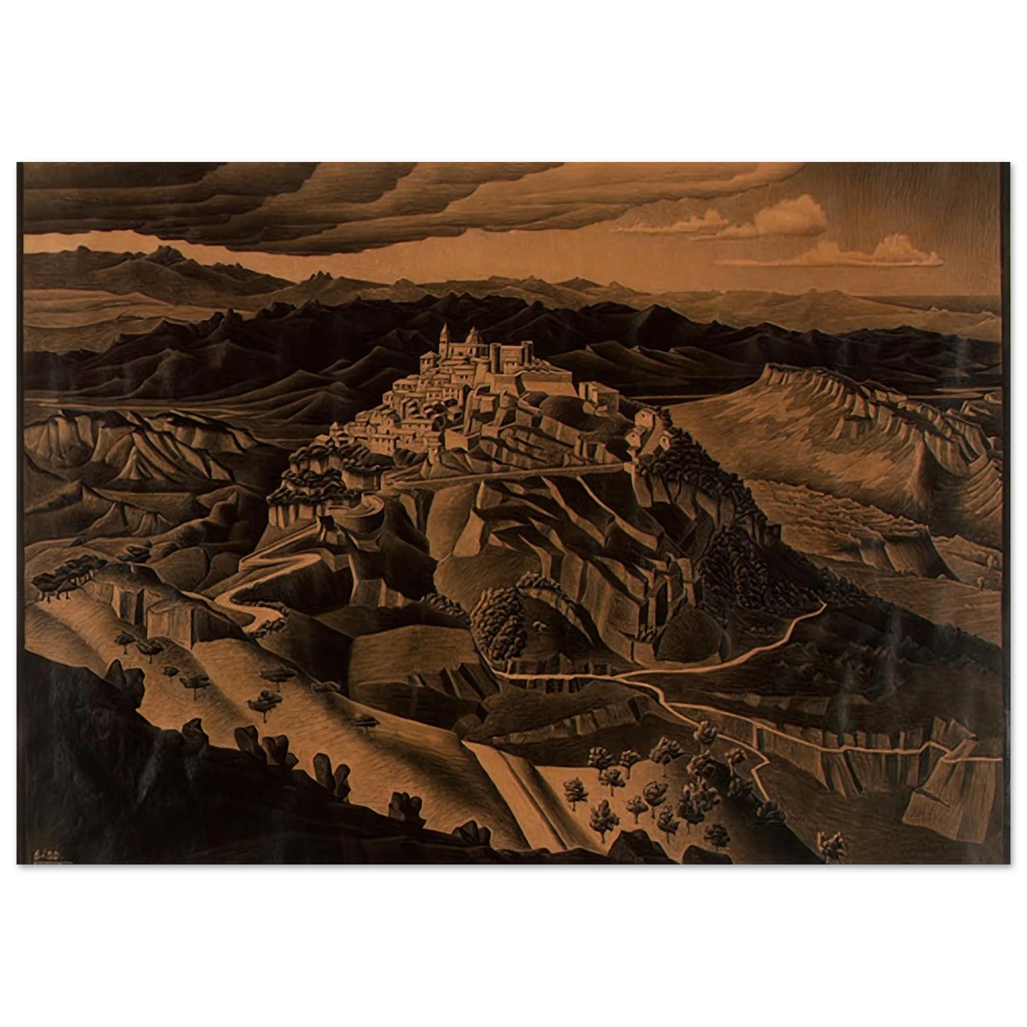 MC Escher - ITALIAN TOWN Wall Art - 21x29.7 cm / 8x12" - Premium Wooden Framed Poster With Fine Art Paper-canvas - White frame