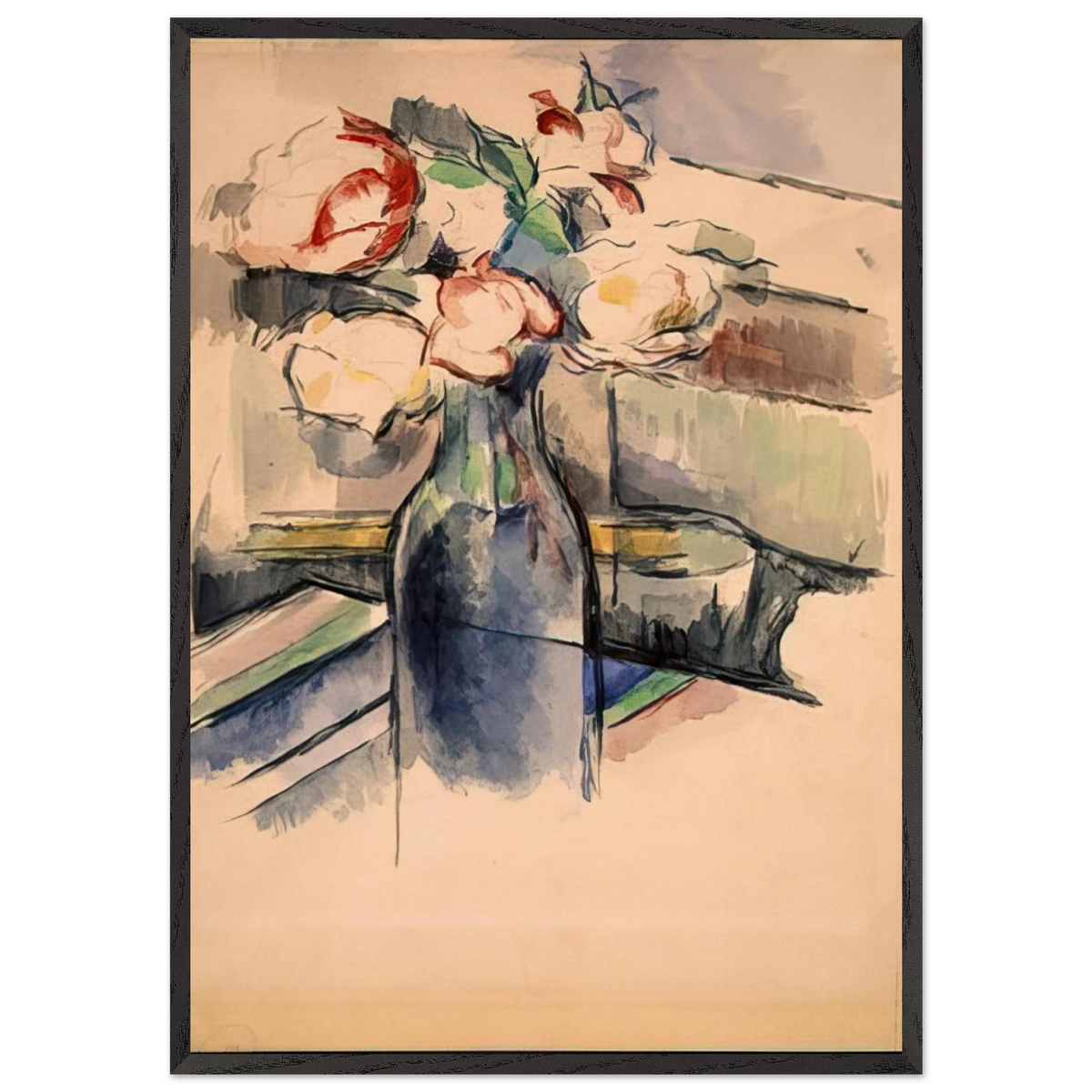Roses in a Bottle - Paul Cezanne 70x100 cm / 28x40 inches Framed Art Print – Black Wooden Frame