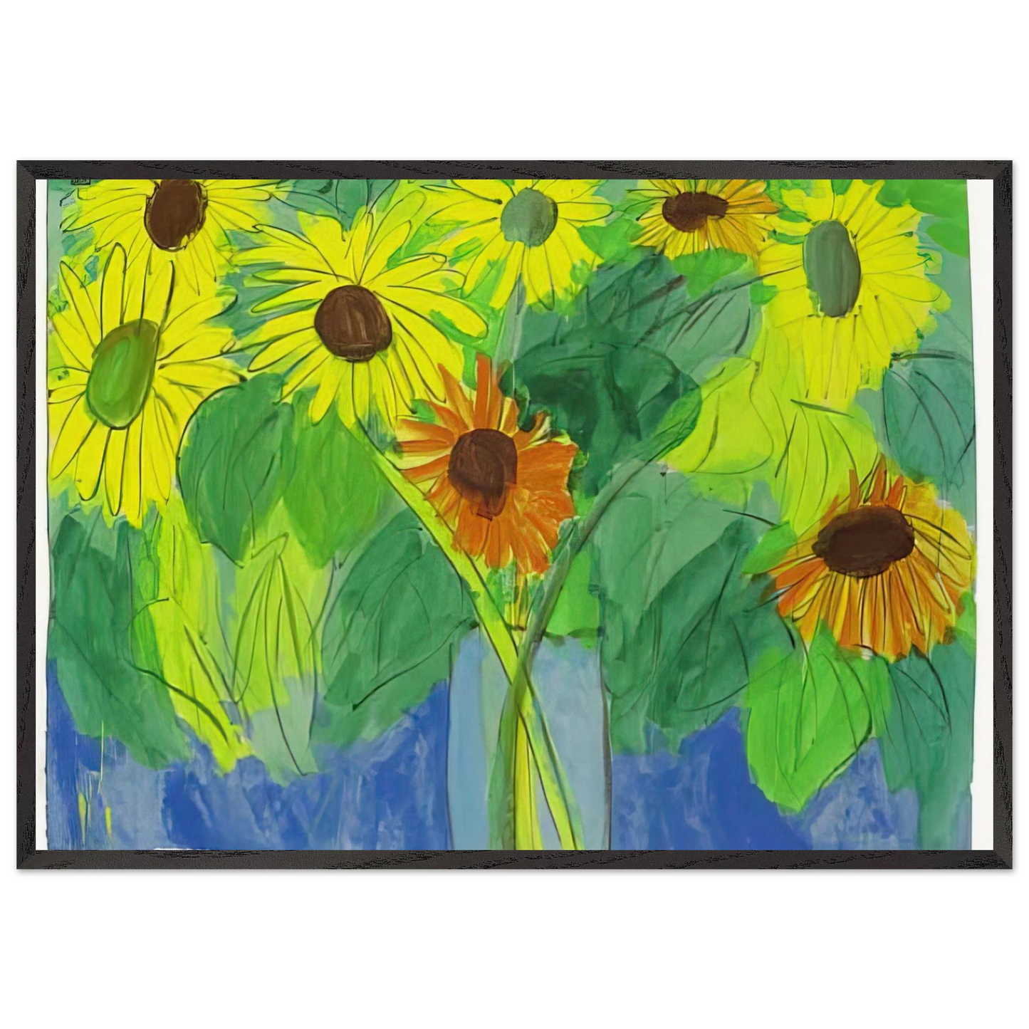 Orange and Yellow Sunflowers - Naive Art Primitivism Pop Art - Walasse Ting 70x100 cm / 28x40 inches Framed Art Print – Black Wooden Frame