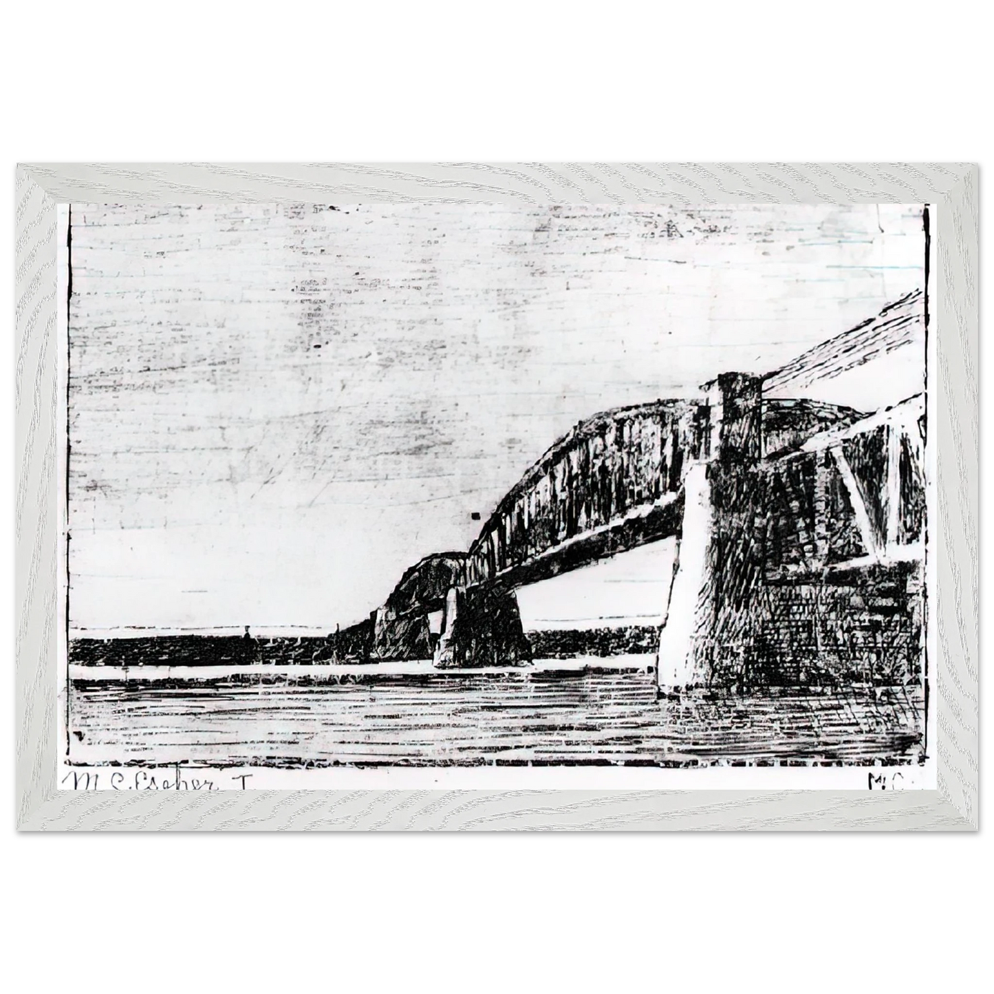MC Escher - RAILWAY BRIDGE OOSTERBEEK Wall Art - 21x29.7 cm / 8x12" - Premium Wooden Framed Poster With Fine Art Paper-canvas - White frame