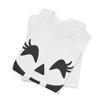 Camiseta de Halloween para mujer y niña con cara de Jack O'Lantern y pestañas de calabaza