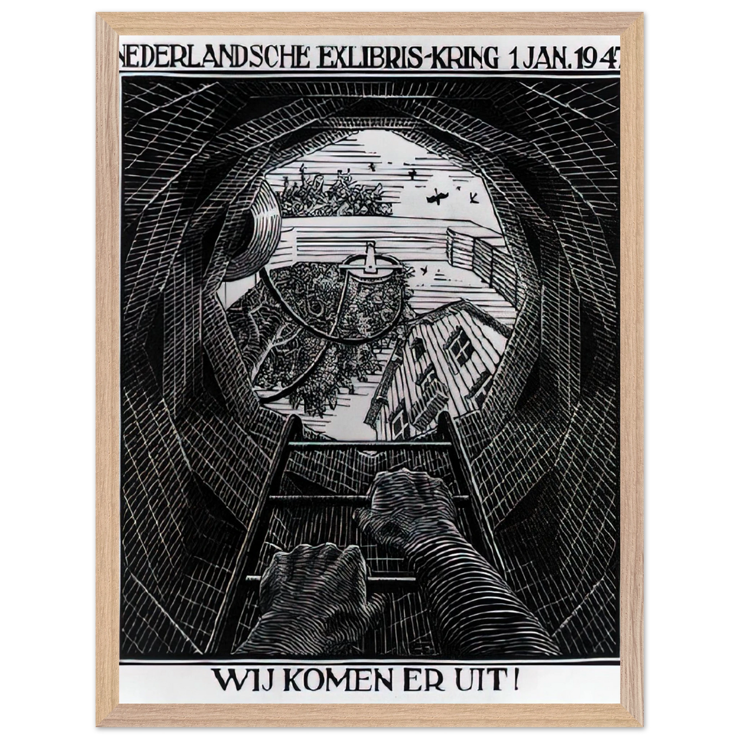 MC Escher - NEW YEAR S GREETING CARD Wall Art - 60x80 cm / 24x32 inches - Premium Wooden Framed Poster With Fine Art Paper-canvas - Black frame
