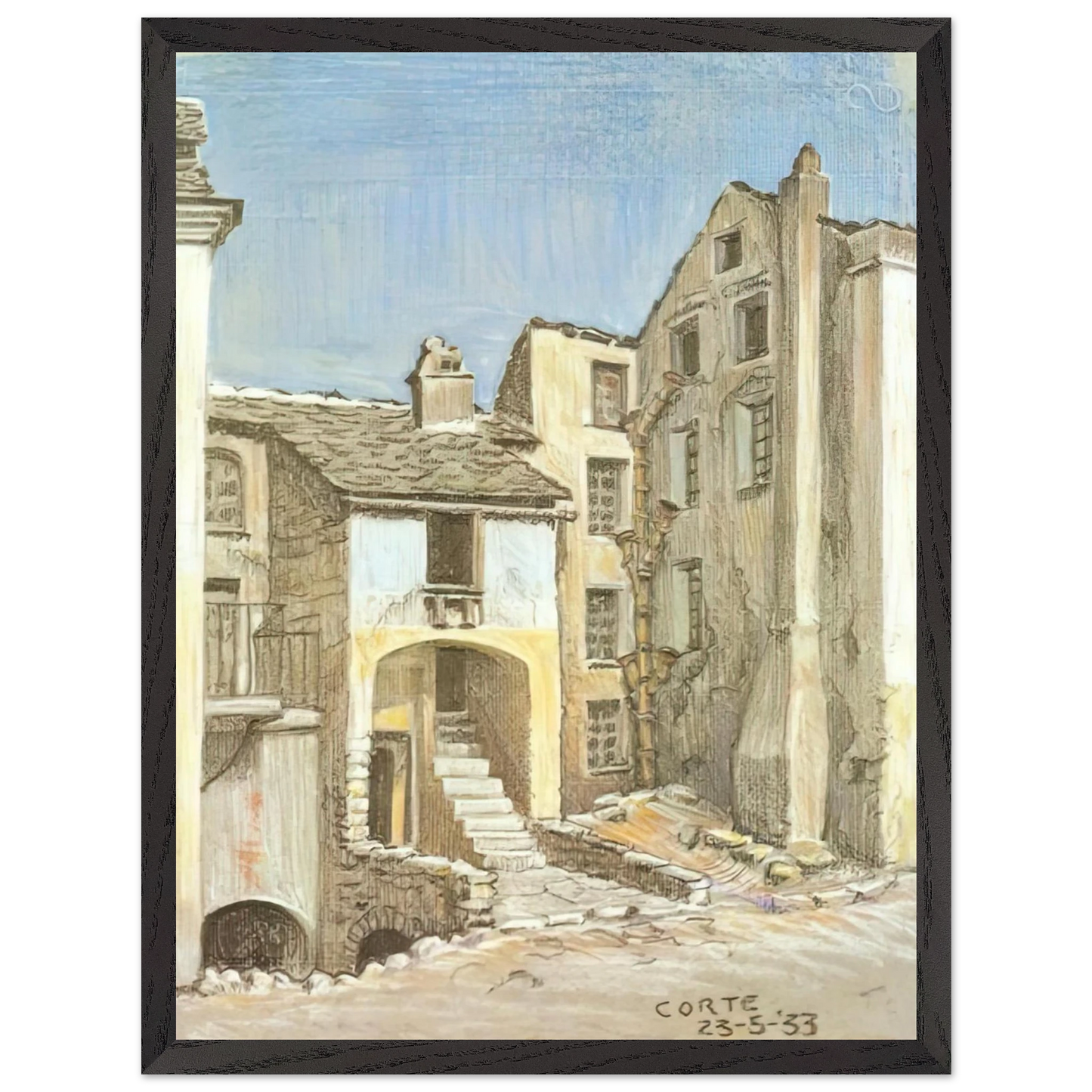 MC Escher - CORTE CORSICA Wall Art - 21x29.7 cm / 8x12" - Premium Wooden Framed Poster With Fine Art Paper-canvas - Black frame