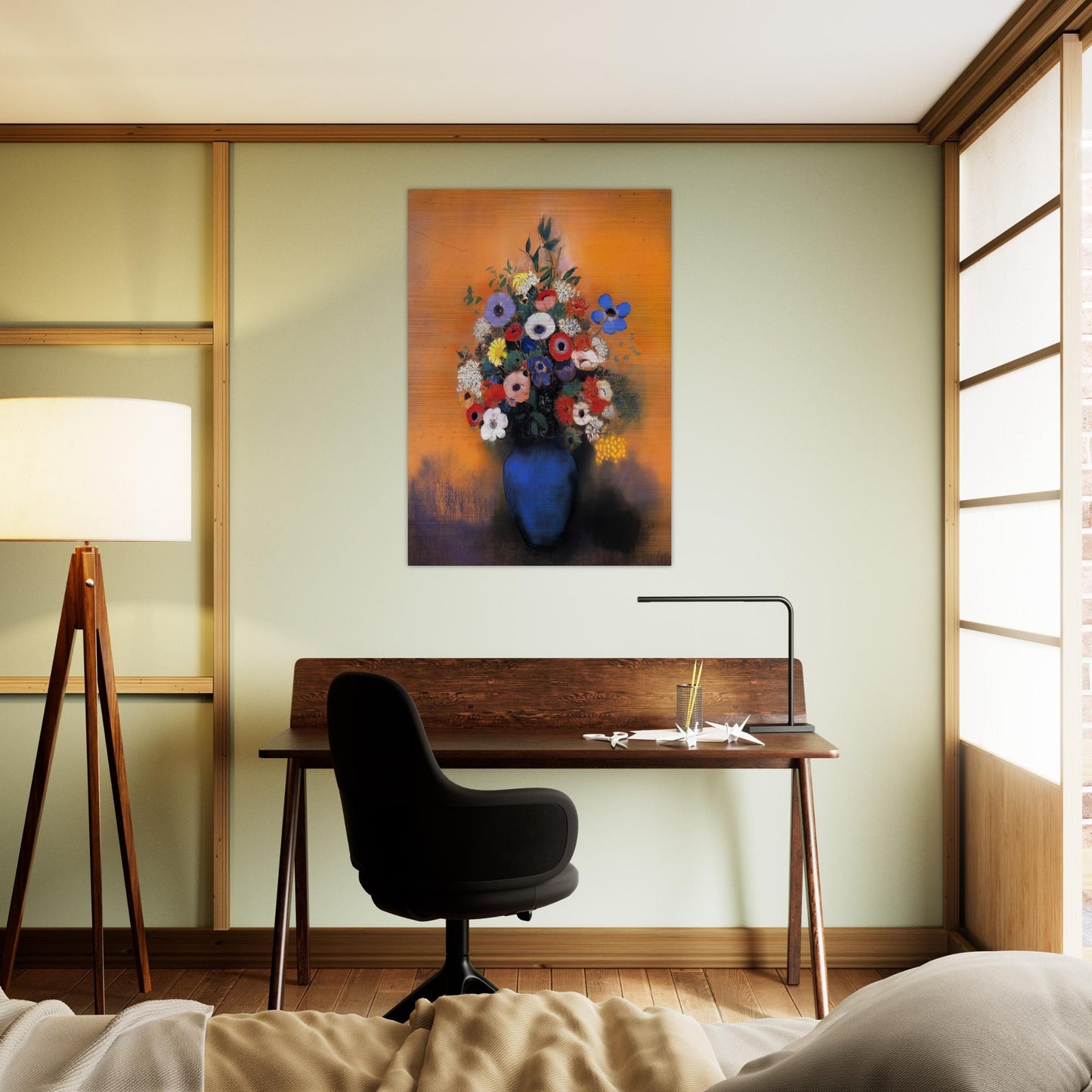 MINOSAS ANEMONIES AND LEAVES IN A BLUE VASE - Odilon Redon Brushed Aluminum Print - 70x100 cm / 28x40 inches | Odilon Redon Aluminum Print | Odilon Redon Prints
