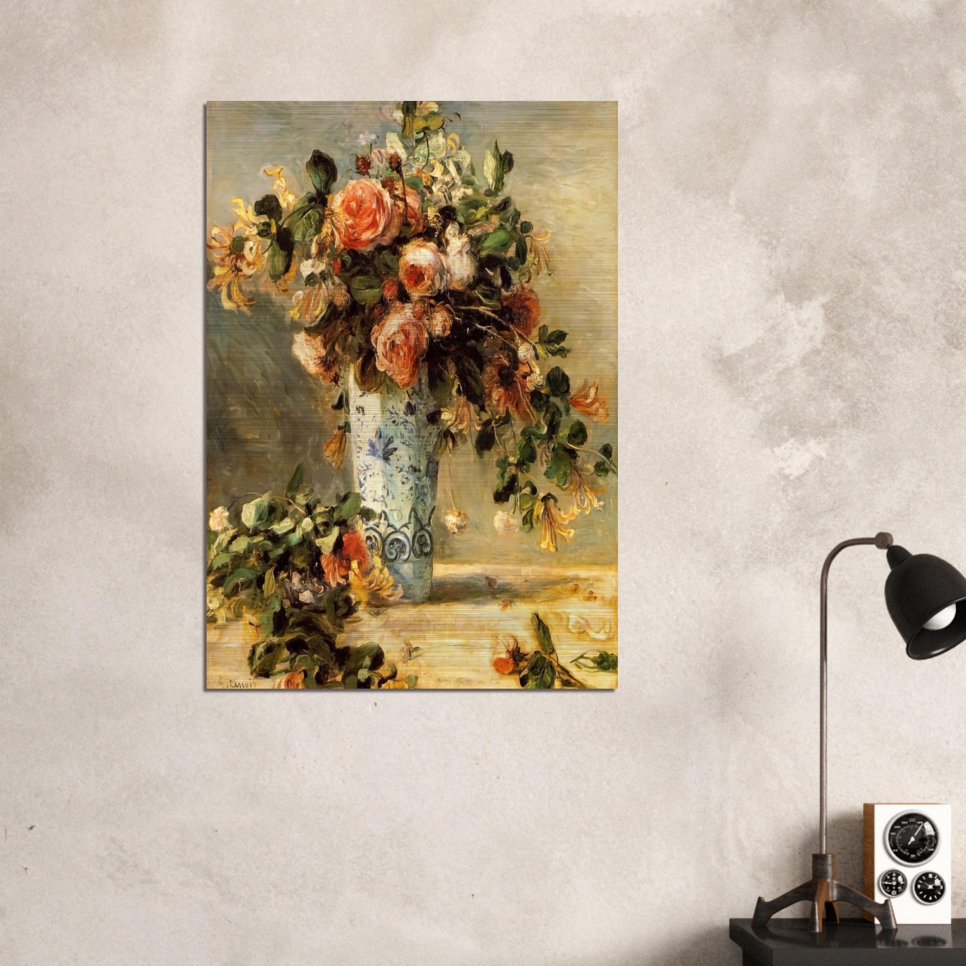 Roses and Jasmine in a Delft Vase - Pierre-Auguste Renoir Brushed Aluminum Print - 70x100 cm / 28x40 inches | Pierre-Auguste Renoir Aluminum Print | Pierre-Auguste Renoir Prints
