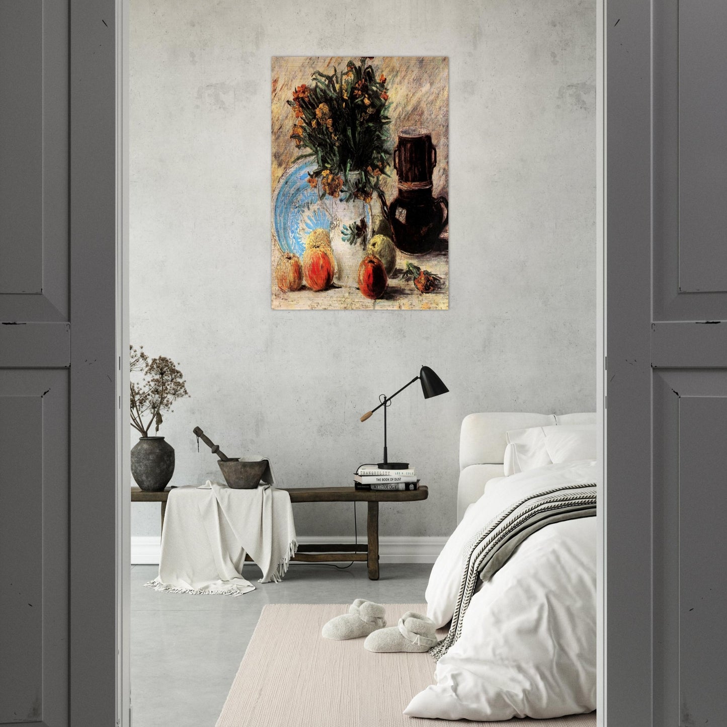 Vase with Flowers, Coffeepot and Fruit - Vincent van Gogh Brushed Aluminum Print - 70x100 cm / 28x40 inches | Vincent van Gogh Aluminum Print | Vincent van Gogh Prints
