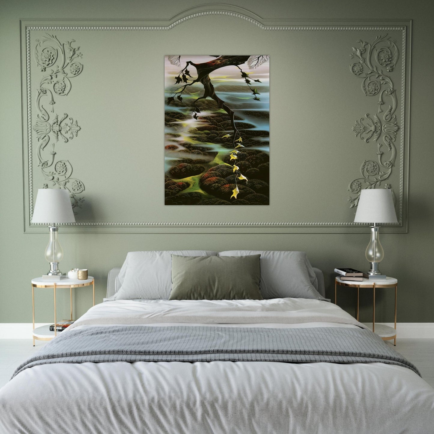 Fog Laced Hills - Eyvind Earle Brushed Aluminum Print - 70x100 cm / 28x40 inches | Eyvind Earle Aluminum Print | Eyvind Earle Prints