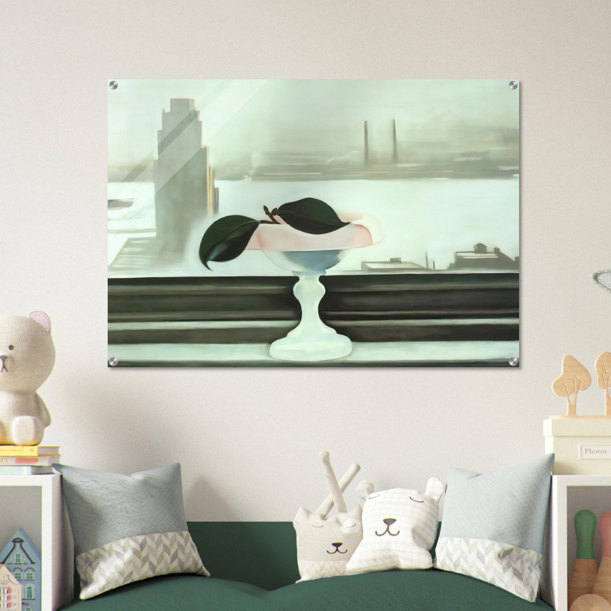 Pink Dish and Green Leaves - Georgia O'Keeffe Acrylic Print - 70x100 cm / 28x40″ inches | Georgia O'Keeffe Wall Art | Georgia O'Keeffe Prints