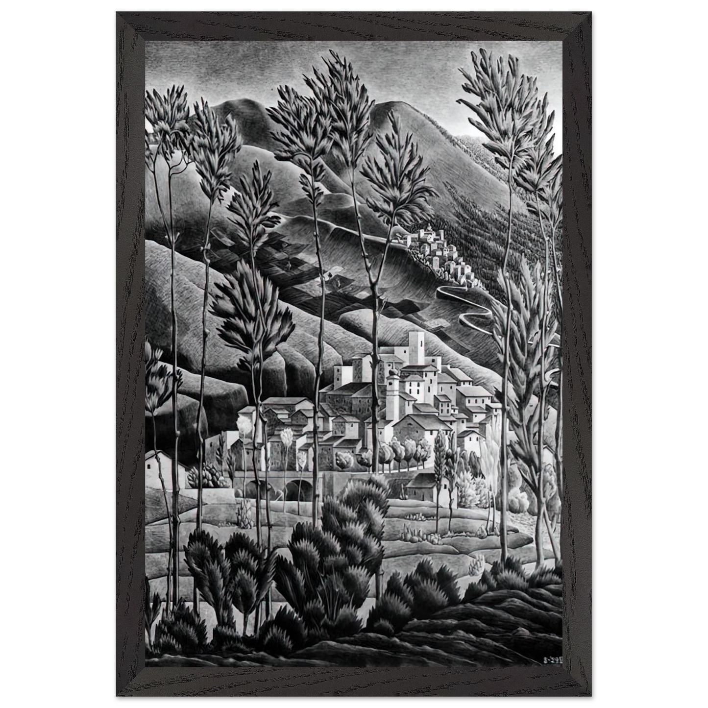 MC Escher - ALFEDENA ABRUZZI Wall Art - 60x80 cm / 24x32 inches - Premium Wooden Framed Poster With Fine Art Paper - Black frame