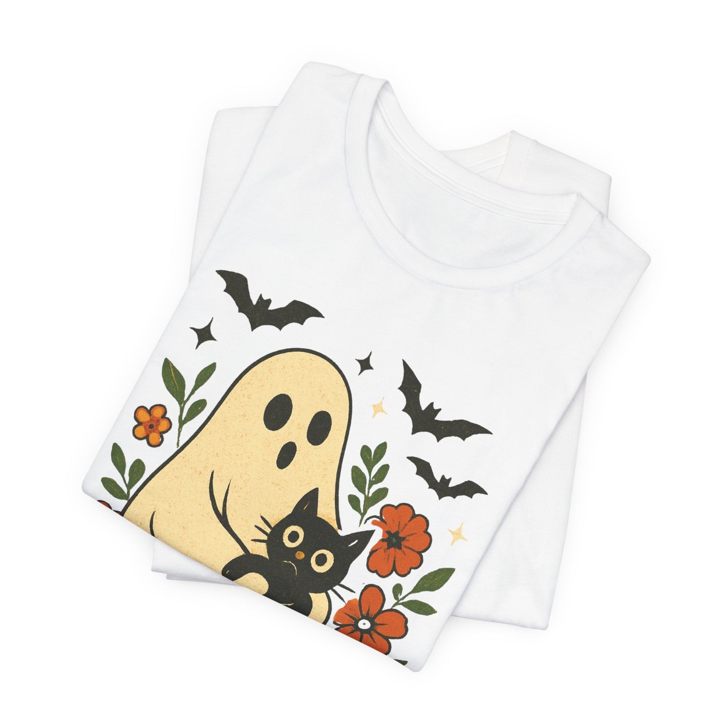 Fantasma espeluznante sosteniendo un gato negro con un elegante diseño floral para Halloween