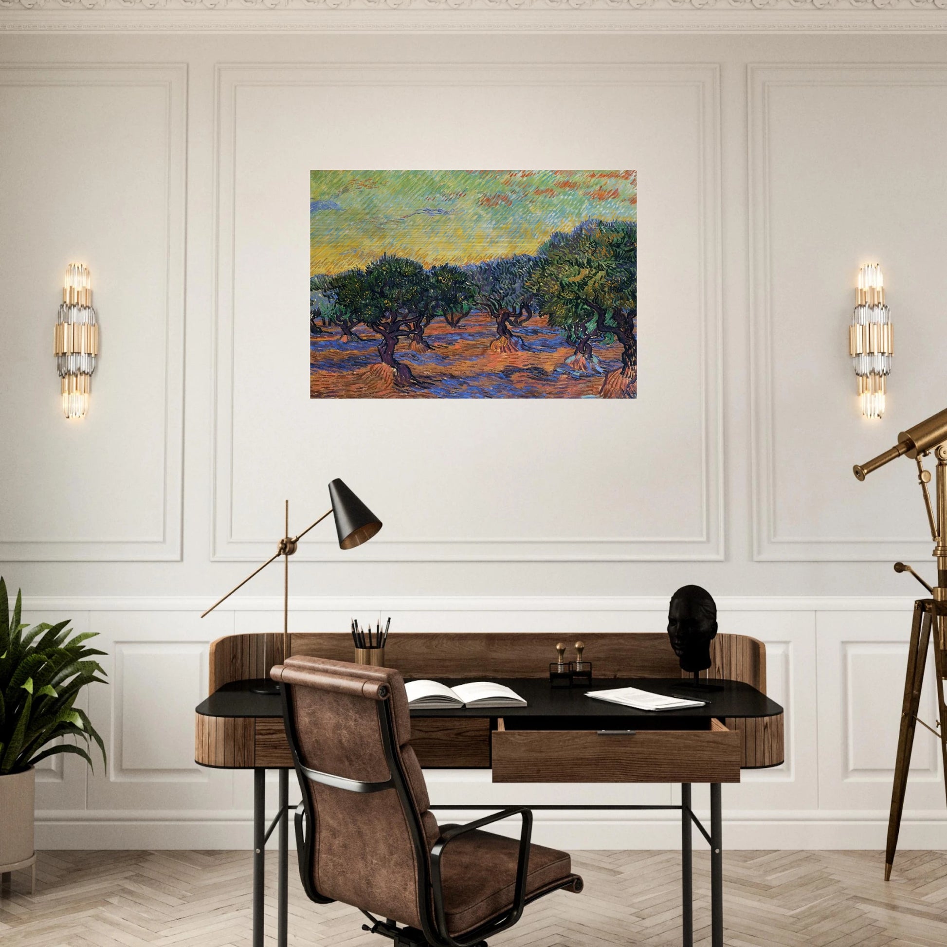 Olive Grove - Orange Sky - Vincent van Gogh Brushed Aluminum Print - 70x100 cm / 28x40 inches | Vincent van Gogh Aluminum Print | Vincent van Gogh Prints